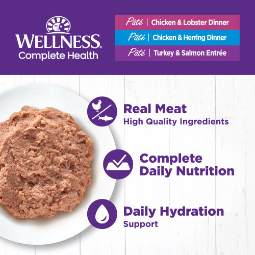 Wellness Complete Health Natural Grain Free Wet Cat Food Variety Pate Recipes Seafoods (3 oz case of 12)